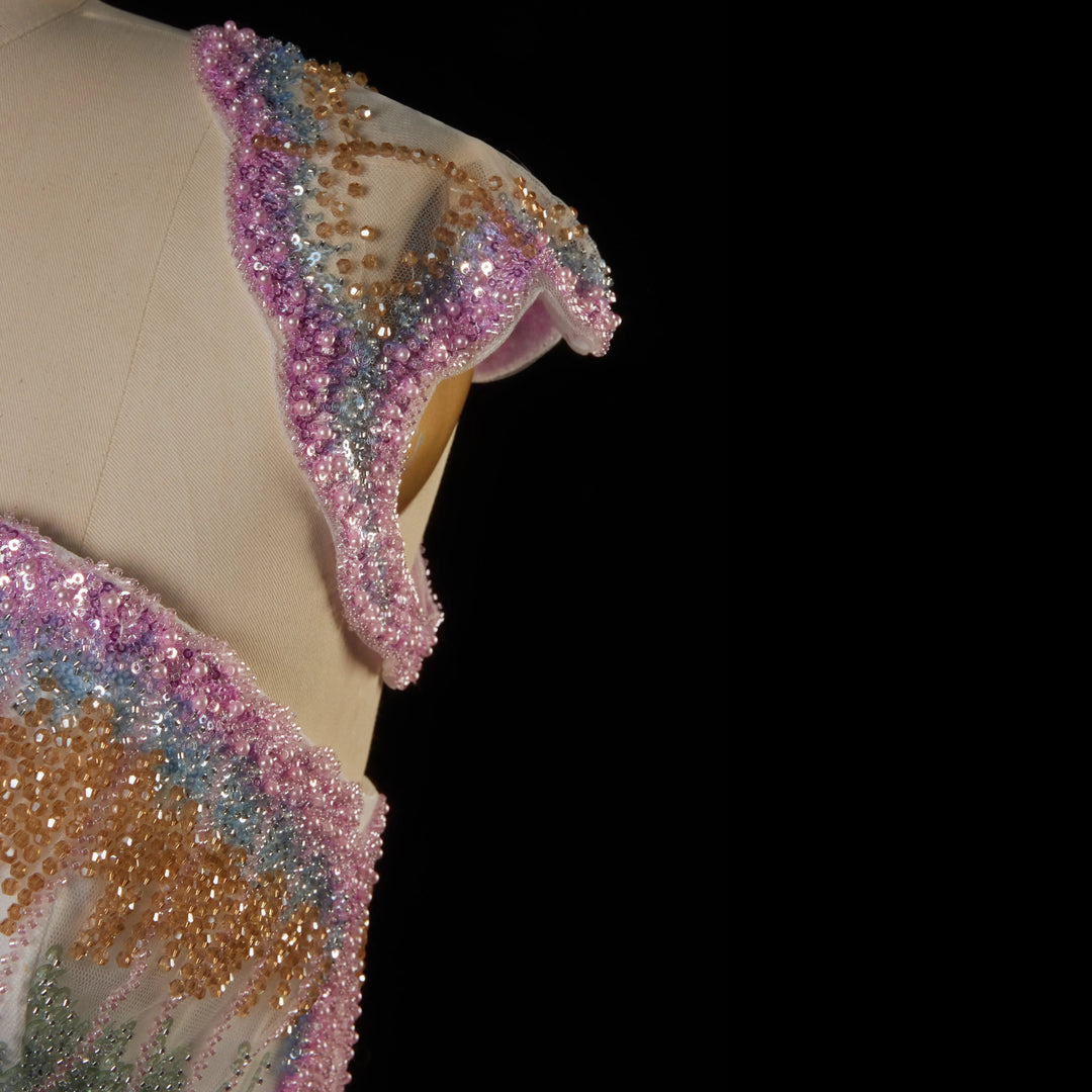 Luxury Shell Inspired Beaded Evening Dress with Layered Glitter Tulle SS296