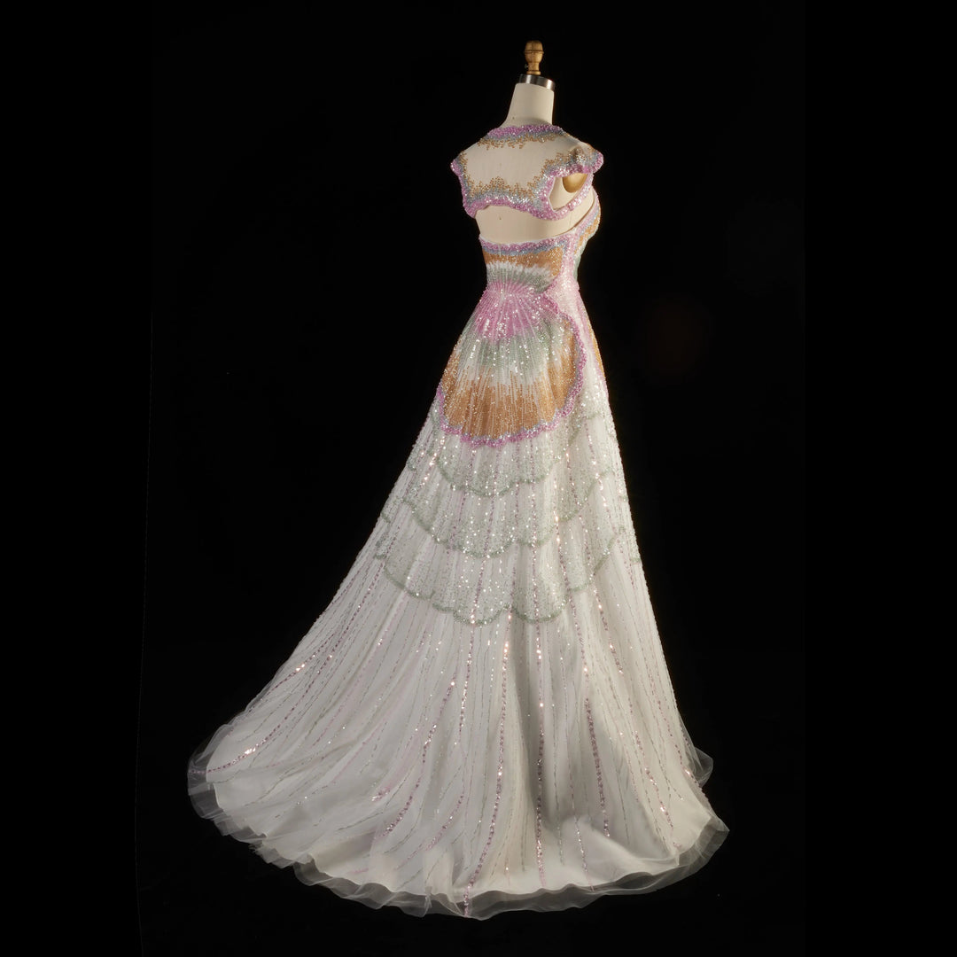 Luxury Shell Inspired Beaded Evening Dress with Layered Glitter Tulle SS296