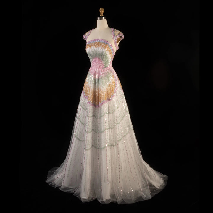 Luxury Shell Inspired Beaded Evening Dress with Layered Glitter Tulle SS296