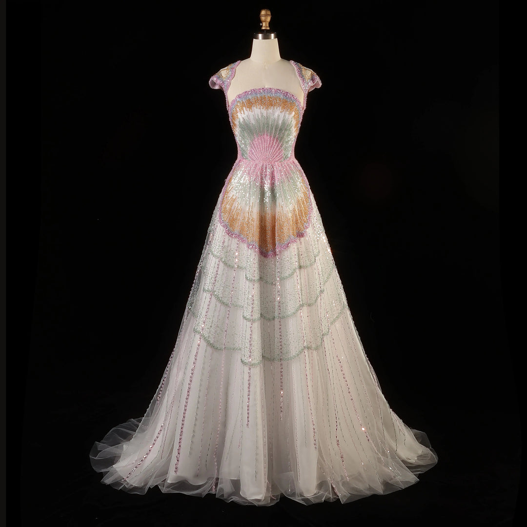 Luxury Shell Inspired Beaded Evening Dress with Layered Glitter Tulle SS296