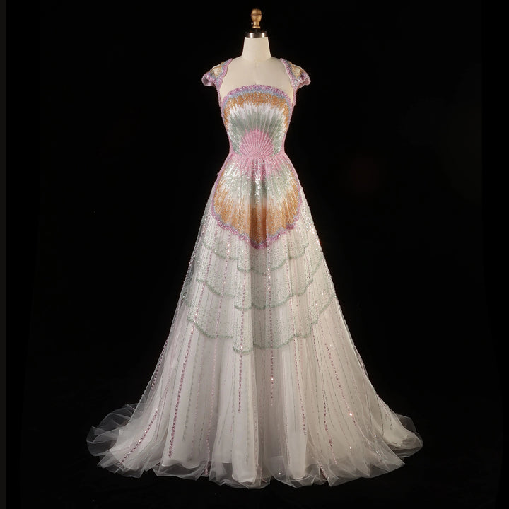 Luxury Shell Inspired Beaded Evening Dress with Layered Glitter Tulle SS296