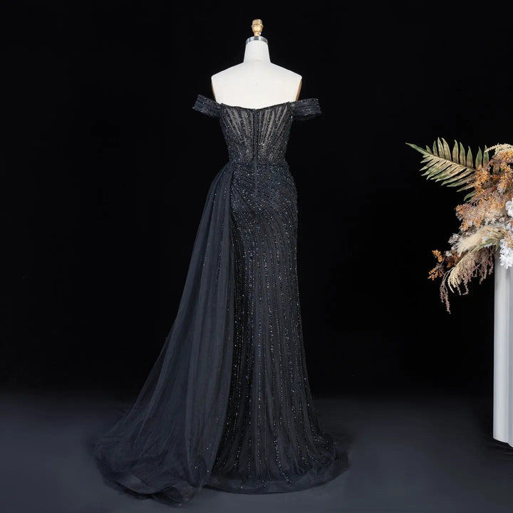 DreamyVow Black off shoulder beaded mermaid with train Evening Dress Prom Dress SS005