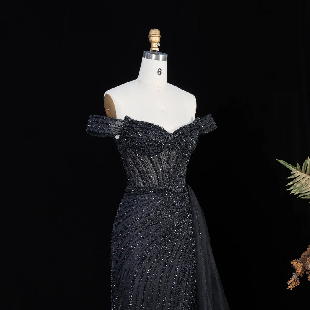 DreamyVow Black off shoulder beaded mermaid with train Evening Dress Prom Dress SS005
