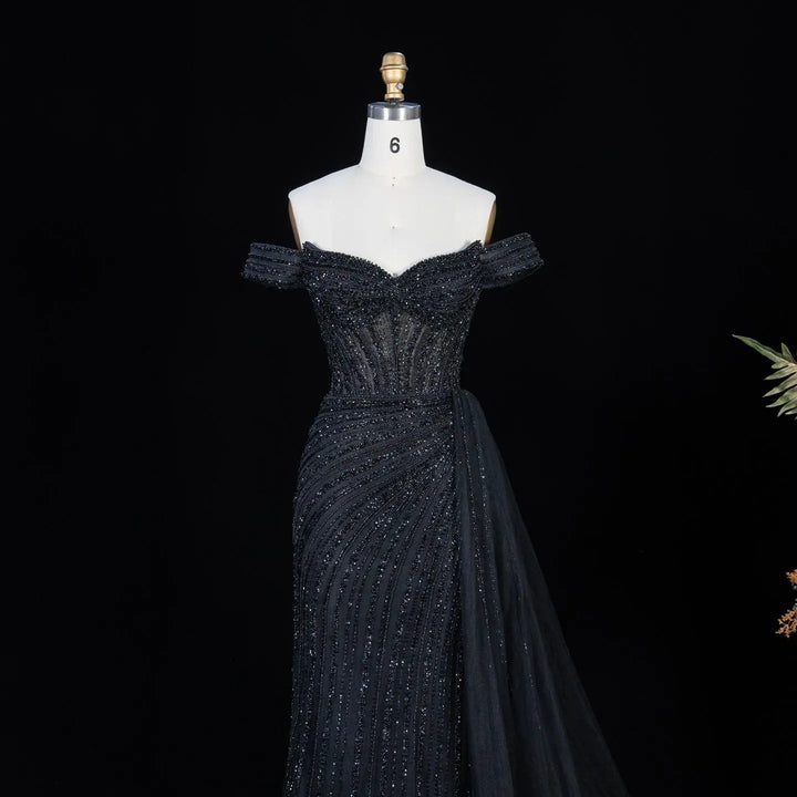 DreamyVow Black off shoulder beaded mermaid with train Evening Dress Prom Dress SS005
