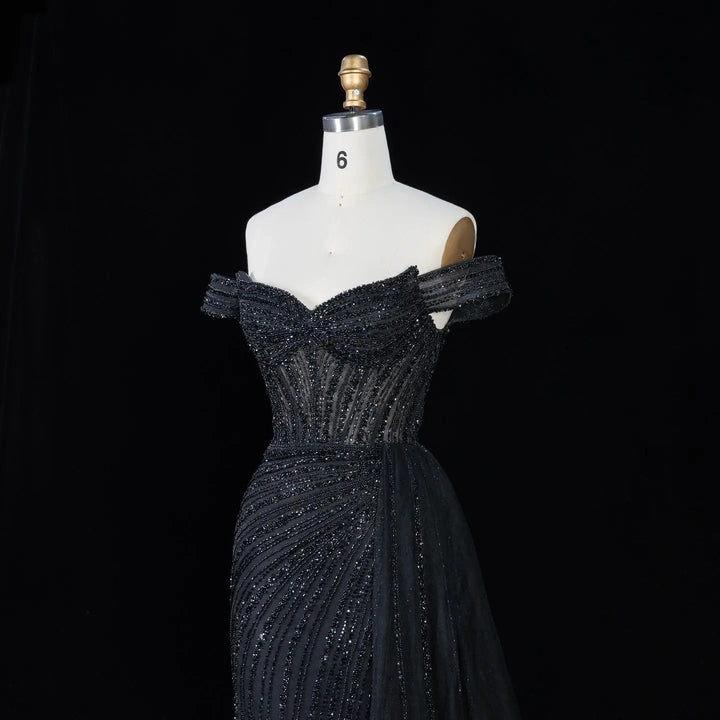 DreamyVow Black off shoulder beaded mermaid with train Evening Dress Prom Dress SS005