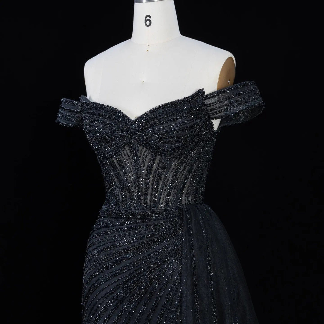 DreamyVow Black off shoulder beaded mermaid with train Evening Dress Prom Dress SS005