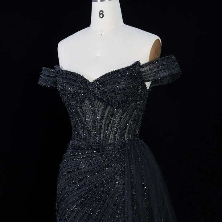 DreamyVow Black off shoulder beaded mermaid with train Evening Dress Prom Dress SS005