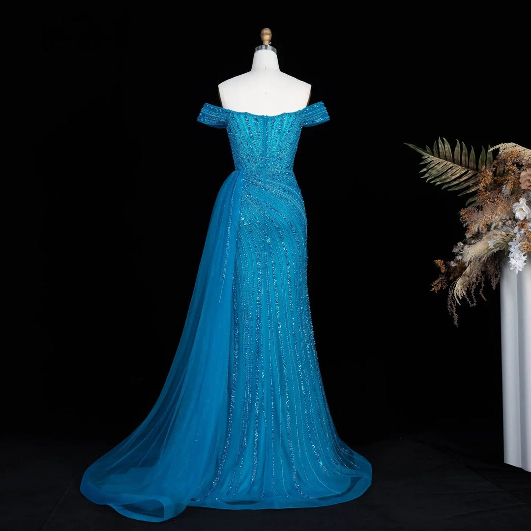 DreamyVow Blue off shoulder beaded mermaid with train Evening Dress Prom Dress SS005