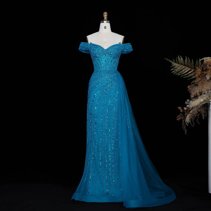 DreamyVow Blue off shoulder beaded mermaid with train Evening Dress Prom Dress SS005