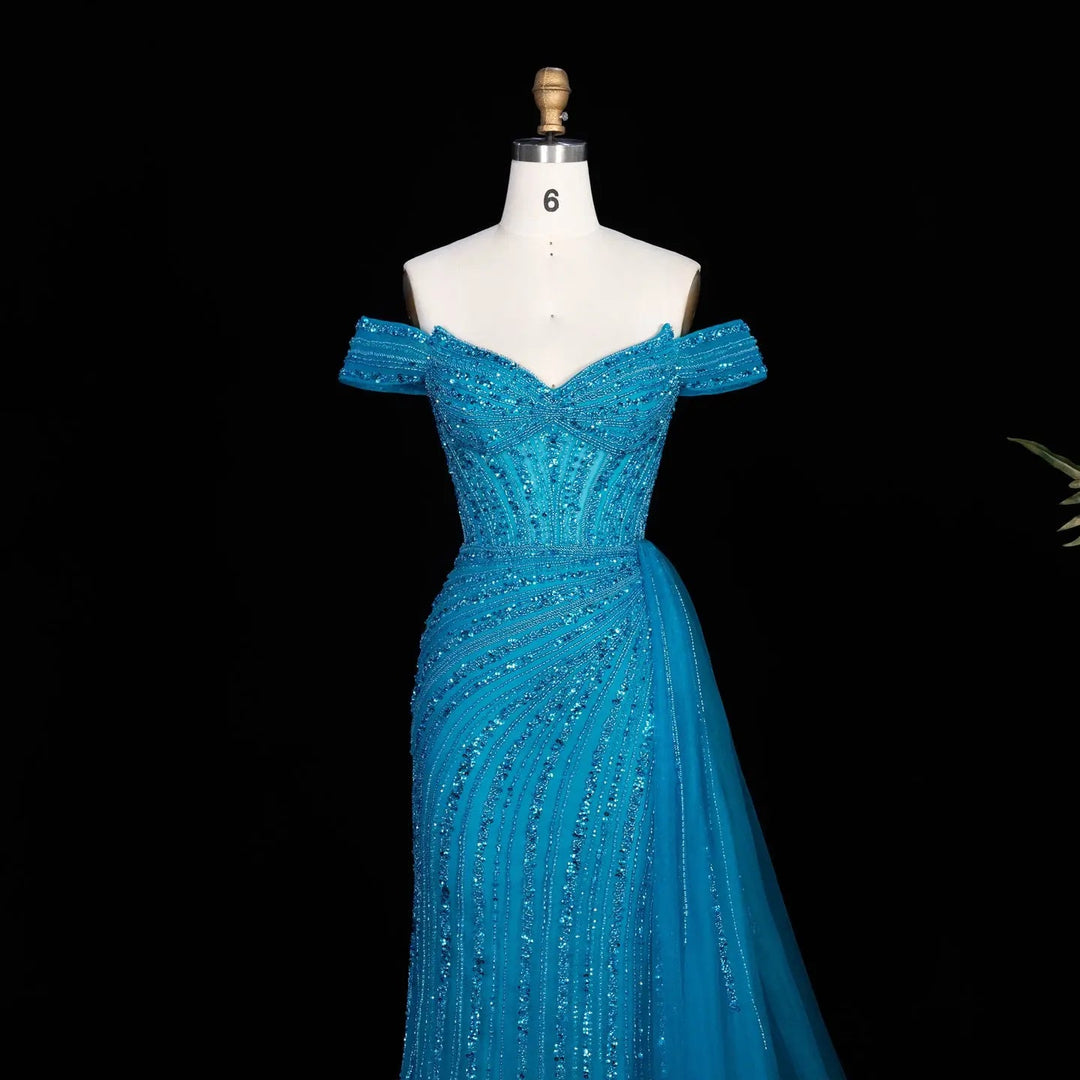 DreamyVow Blue off shoulder beaded mermaid with train Evening Dress Prom Dress SS005