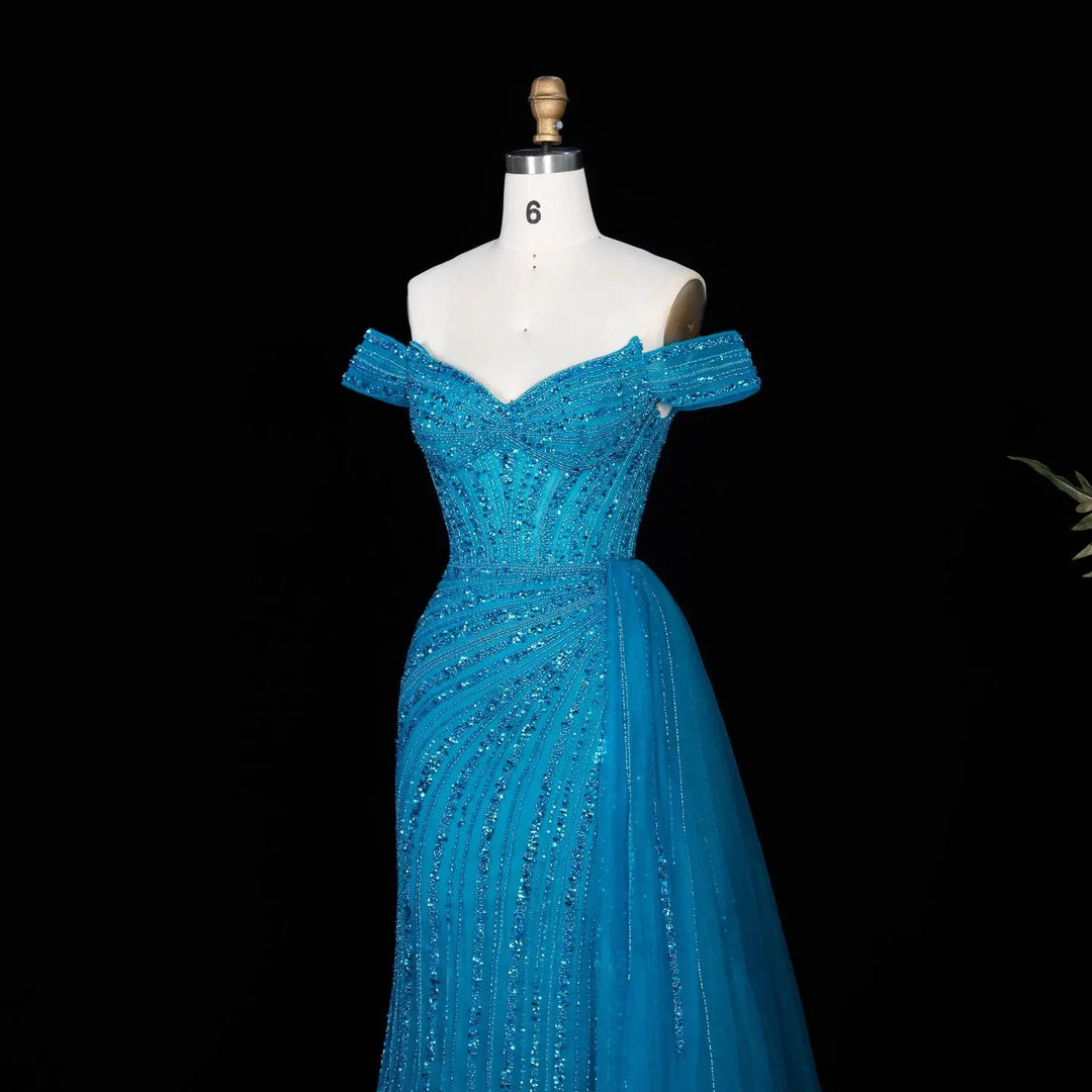 DreamyVow Blue off shoulder beaded mermaid with train Evening Dress Prom Dress SS005