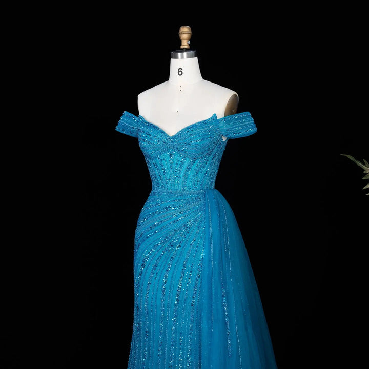 DreamyVow Blue off shoulder beaded mermaid with train Evening Dress Prom Dress SS005