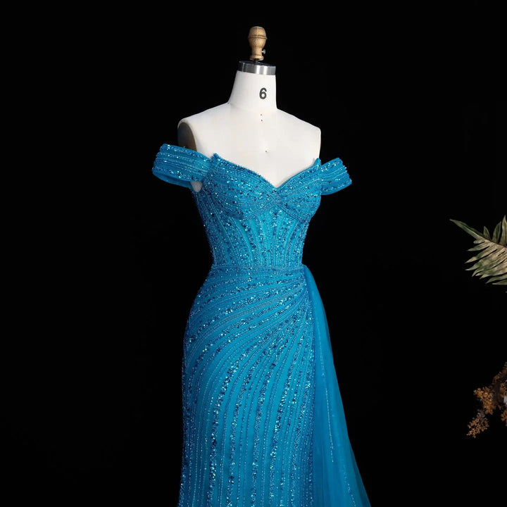 DreamyVow Blue off shoulder beaded mermaid with train Evening Dress Prom Dress SS005