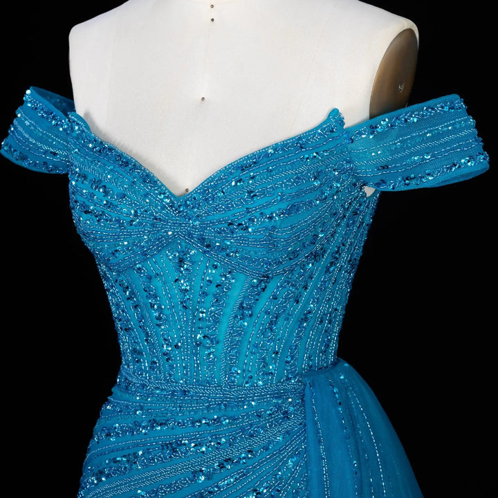 DreamyVow Blue off shoulder beaded mermaid with train Evening Dress Prom Dress SS005