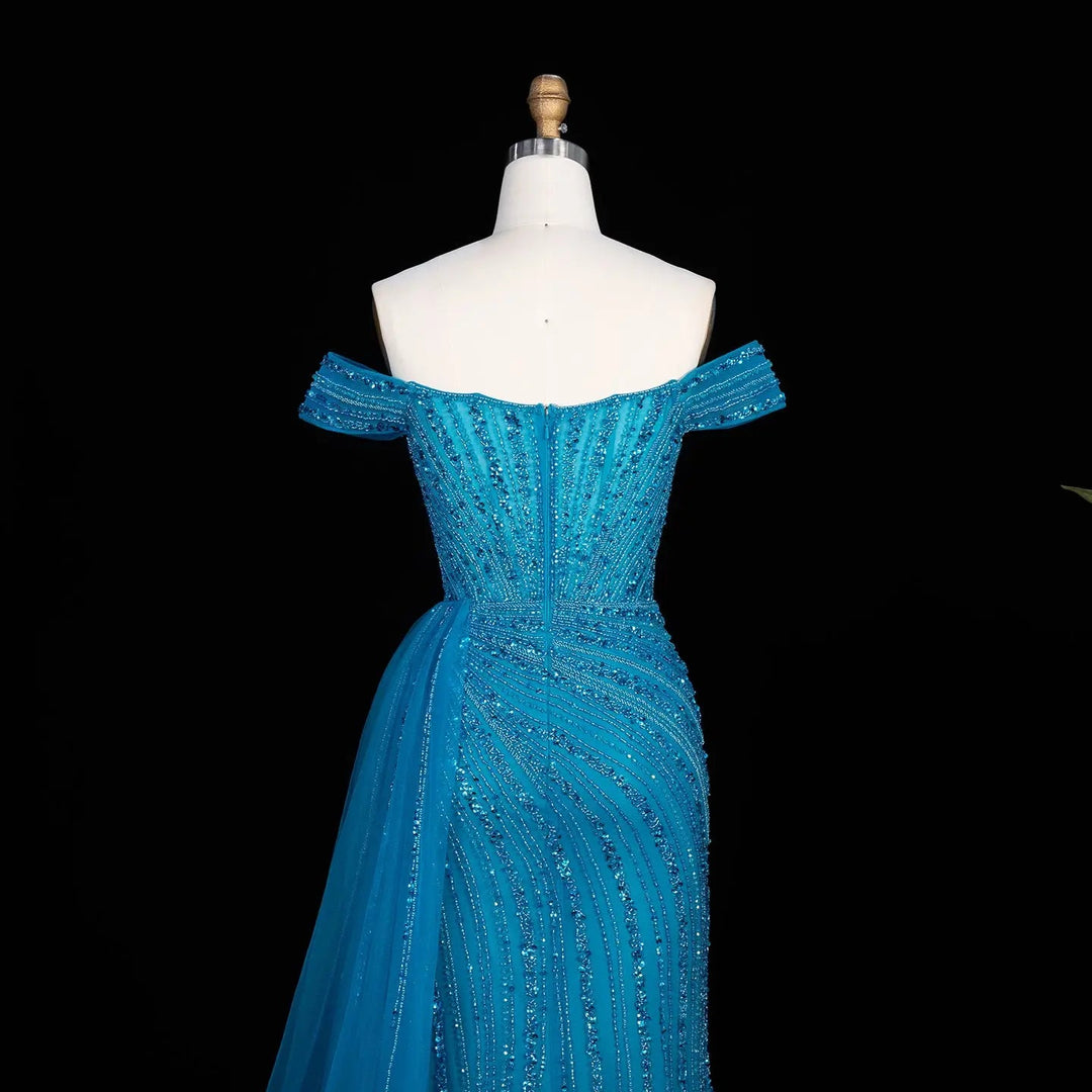 DreamyVow Blue off shoulder beaded mermaid with train Evening Dress Prom Dress SS005