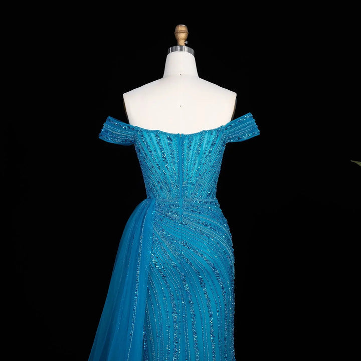 DreamyVow Blue off shoulder beaded mermaid with train Evening Dress Prom Dress SS005