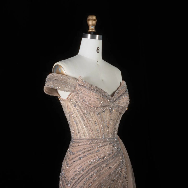 DreamyVow Champagne off shoulder beaded mermaid with train Evening Dress Prom Dress SS005