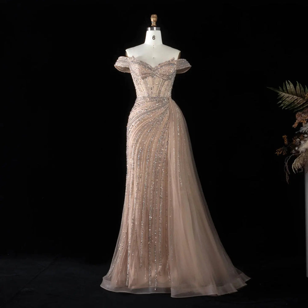 DreamyVow Champagne off shoulder beaded mermaid with train Evening Dress Prom Dress SS005