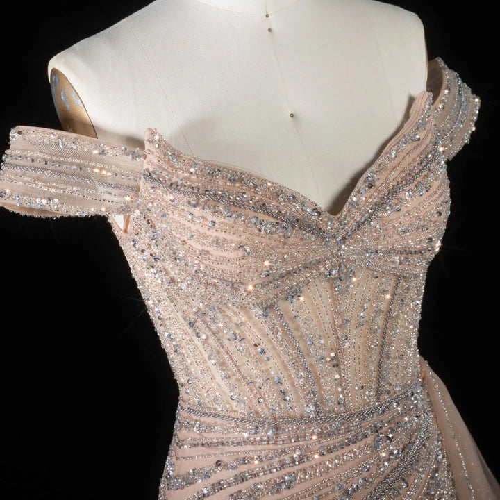 DreamyVow Champagne off shoulder beaded mermaid with train Evening Dress Prom Dress SS005