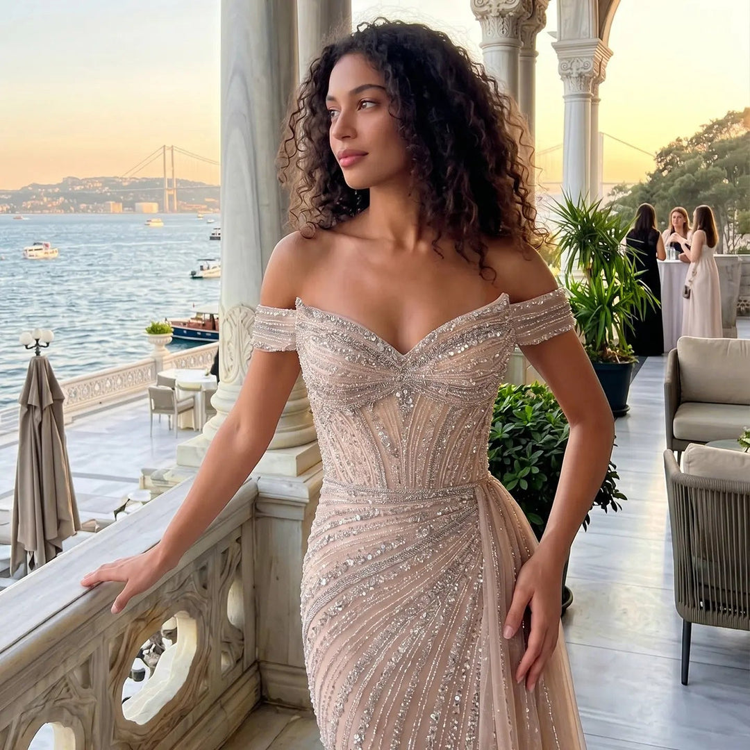 DreamyVow Champagne off shoulder beaded mermaid with train Evening Dress Prom Dress SS005