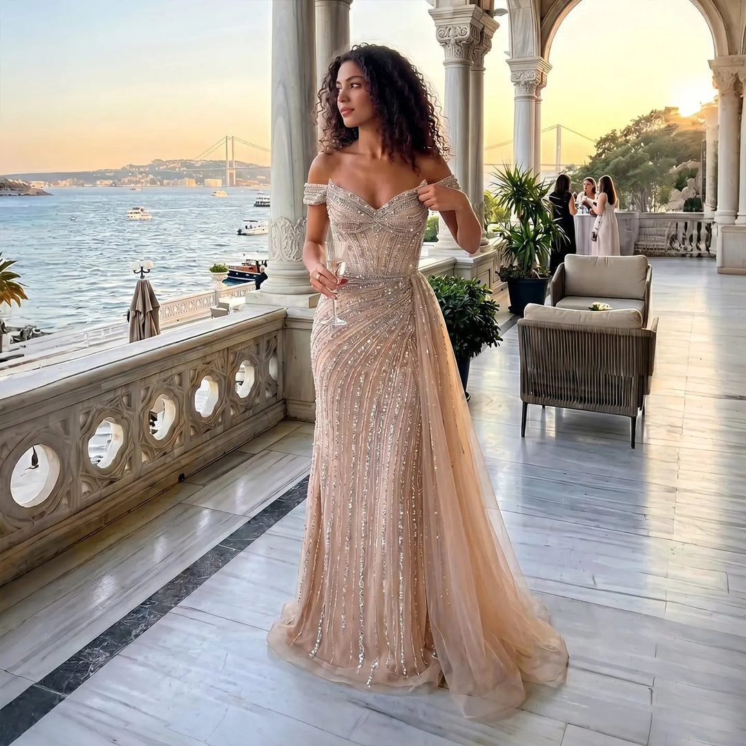 DreamyVow Champagne off shoulder beaded mermaid with train Evening Dress Prom Dress SS005