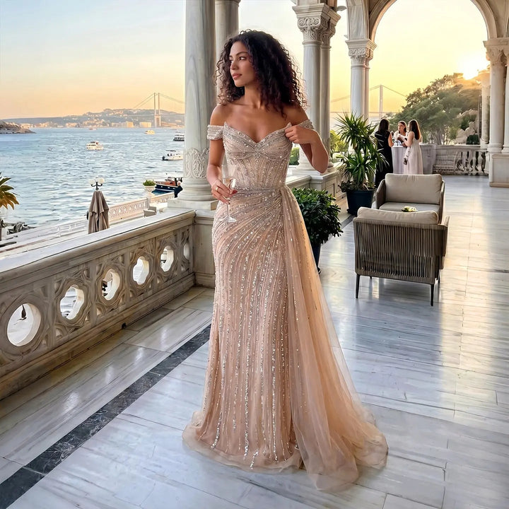 DreamyVow Champagne off shoulder beaded mermaid with train Evening Dress Prom Dress SS005