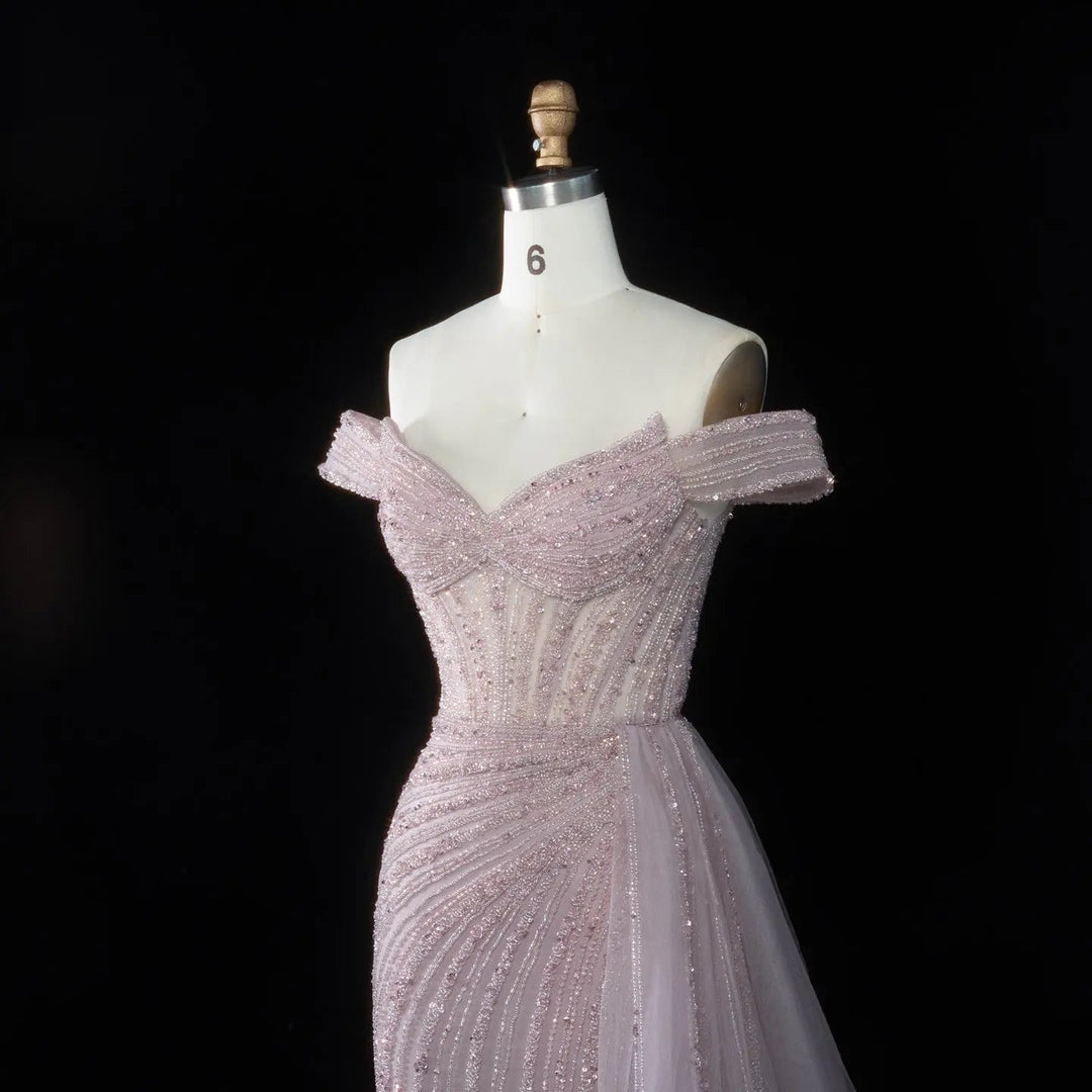DreamyVow Pink off shoulder beaded mermaid with train Evening Dress Prom Dress SS005