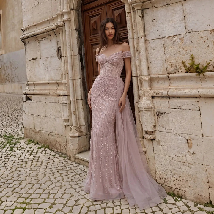 DreamyVow Pink off shoulder beaded mermaid with train Evening Dress Prom Dress SS005