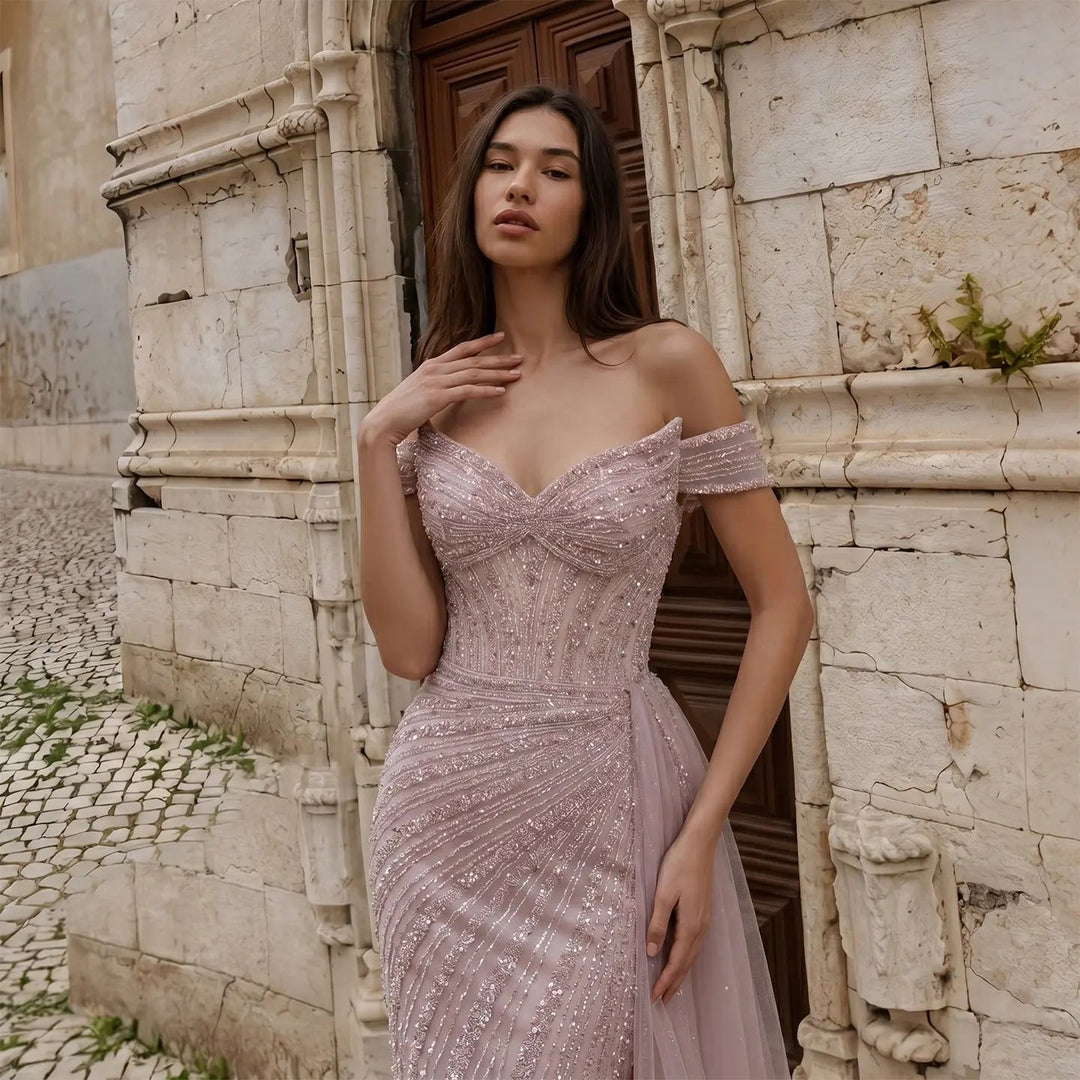 DreamyVow Pink off shoulder beaded mermaid with train Evening Dress Prom Dress SS005