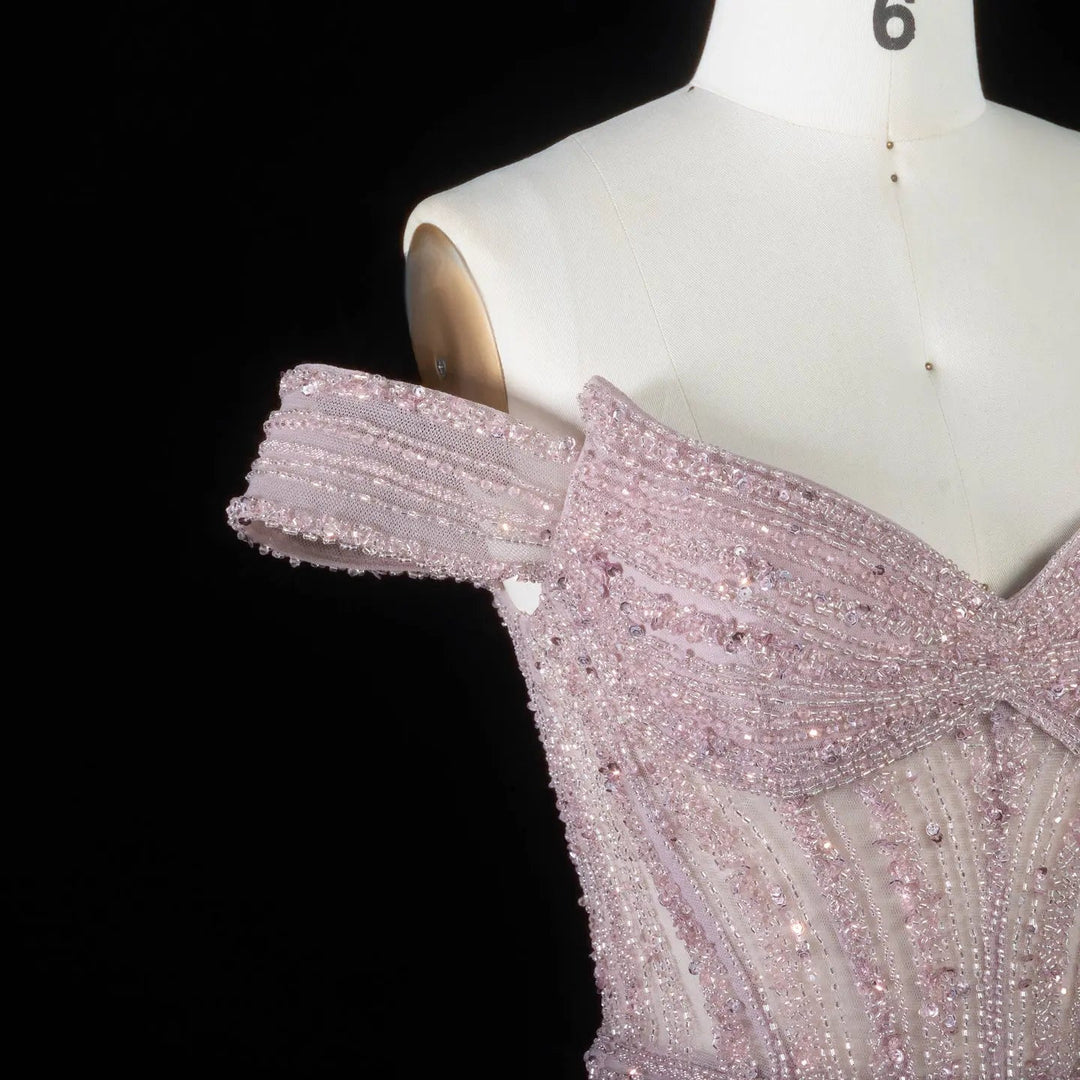 DreamyVow Pink off shoulder beaded mermaid with train Evening Dress Prom Dress SS005