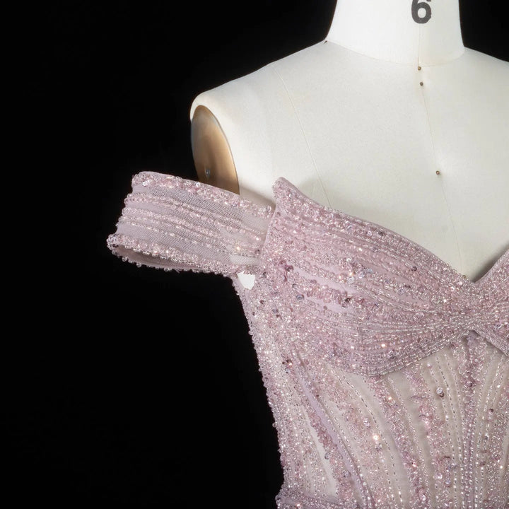 DreamyVow Pink off shoulder beaded mermaid with train Evening Dress Prom Dress SS005
