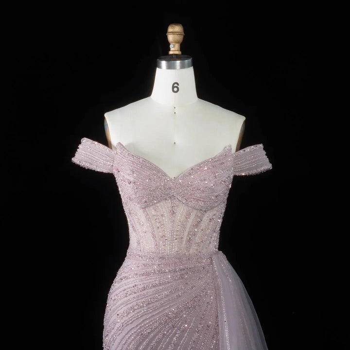 DreamyVow Pink off shoulder beaded mermaid with train Evening Dress Prom Dress SS005