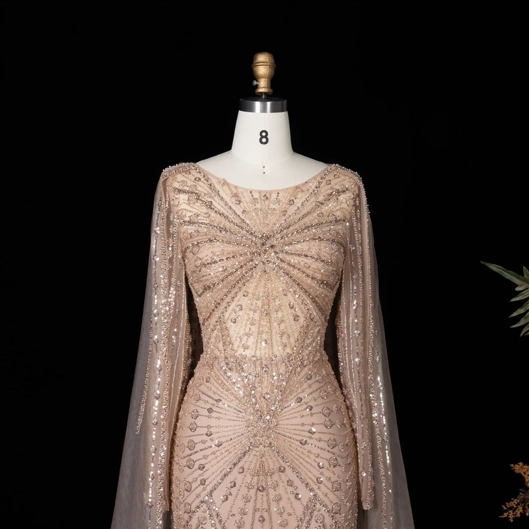 Beaded Long Sleeve Cape Mermaid Prom Evening Dress SS051