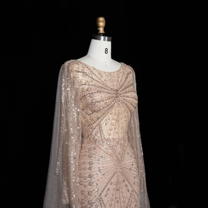 Beaded Long Sleeve Cape Mermaid Prom Evening Dress SS051