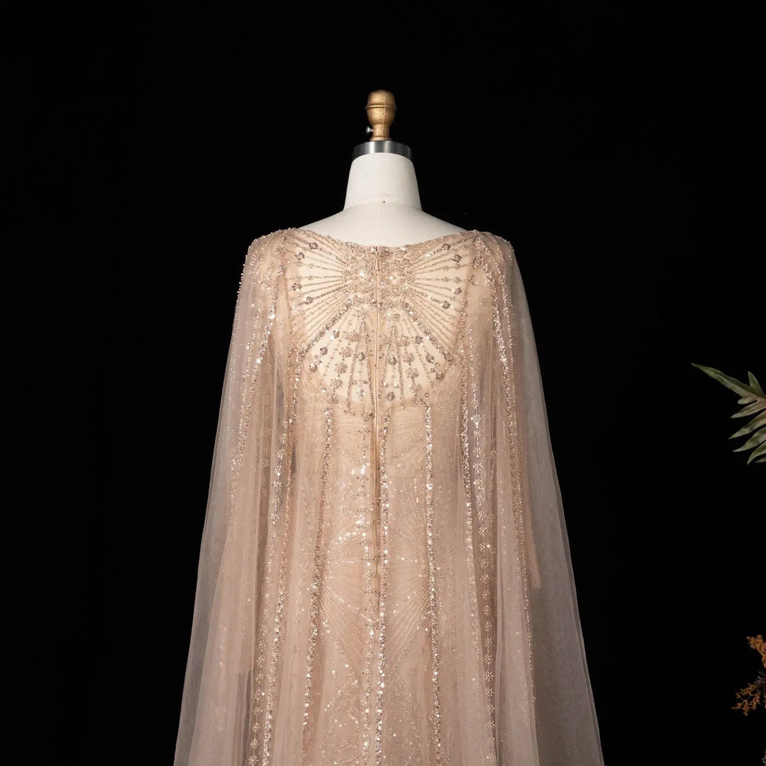 Beaded Long Sleeve Cape Mermaid Prom Evening Dress SS051