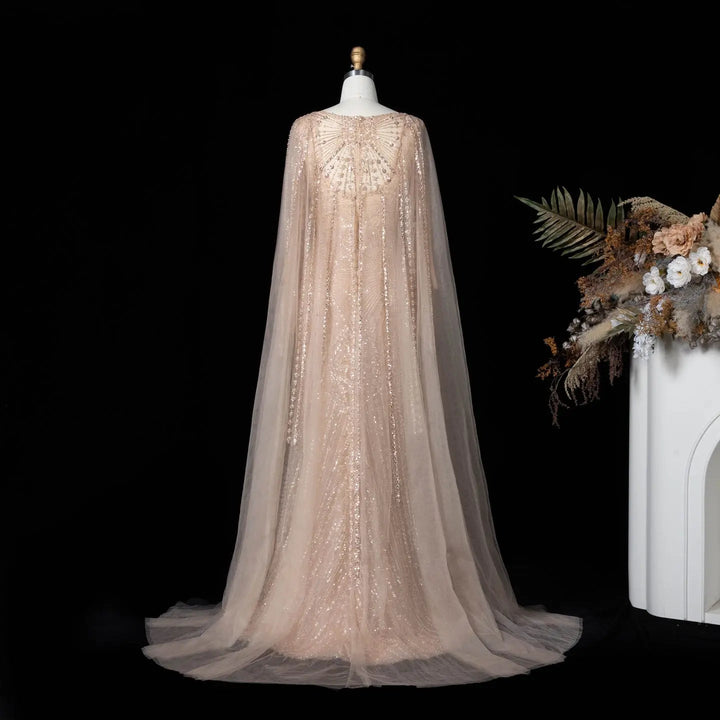 Beaded Long Sleeve Cape Mermaid Prom Evening Dress SS051