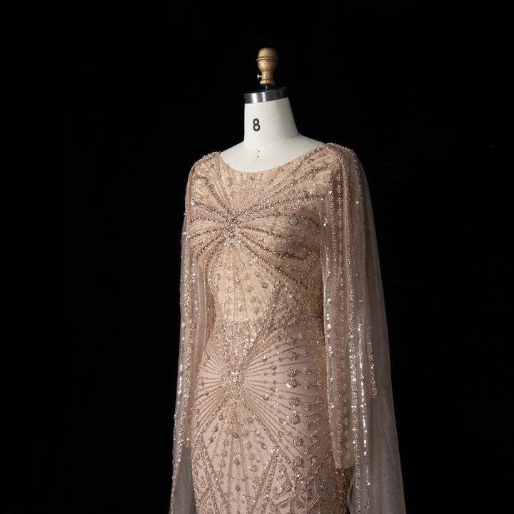 Beaded Long Sleeve Cape Mermaid Prom Evening Dress SS051