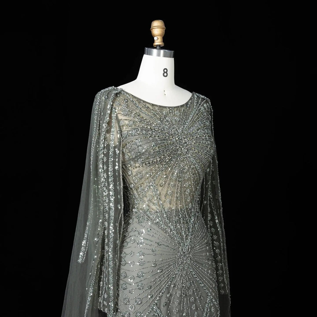 Beaded Long Sleeve Cape Mermaid Prom Evening Dress SS051