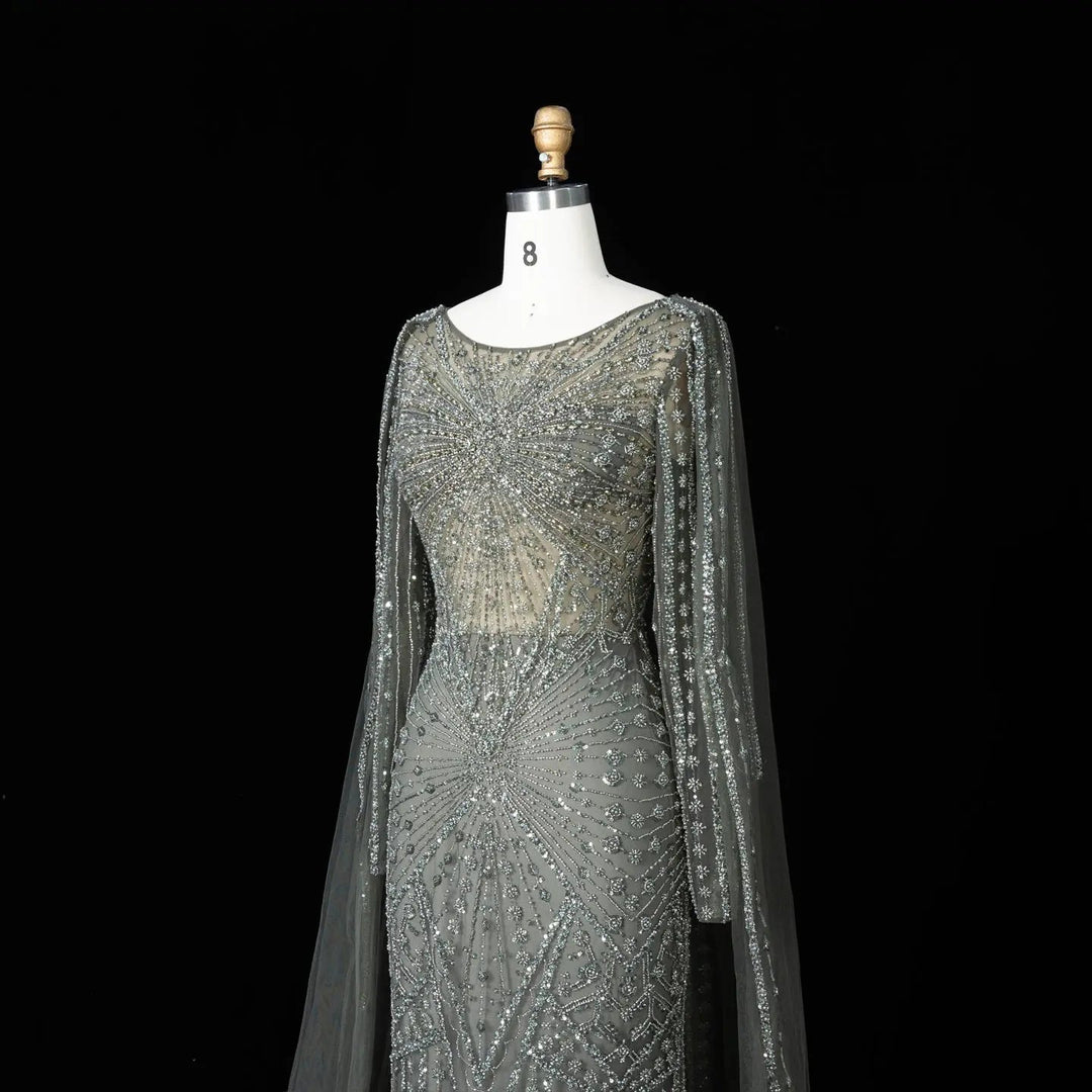 Beaded Long Sleeve Cape Mermaid Prom Evening Dress SS051