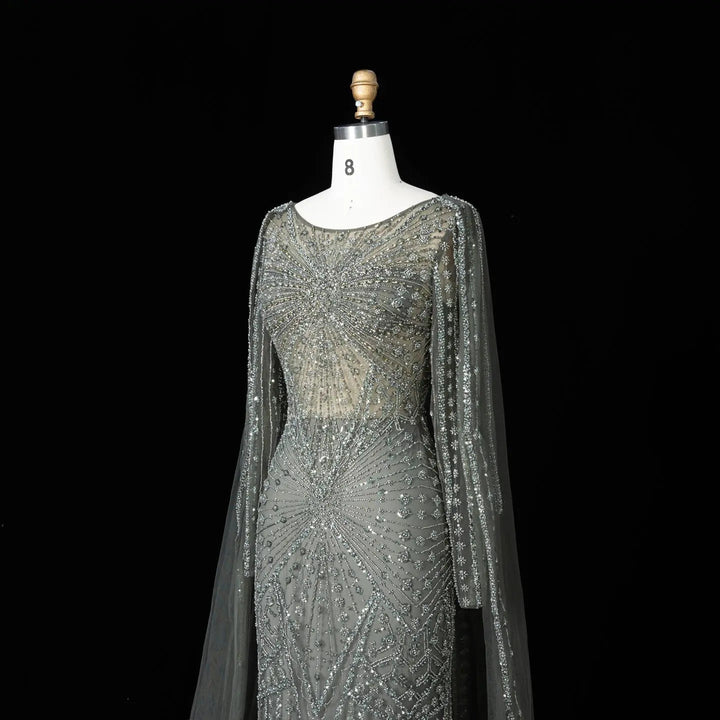Beaded Long Sleeve Cape Mermaid Prom Evening Dress SS051