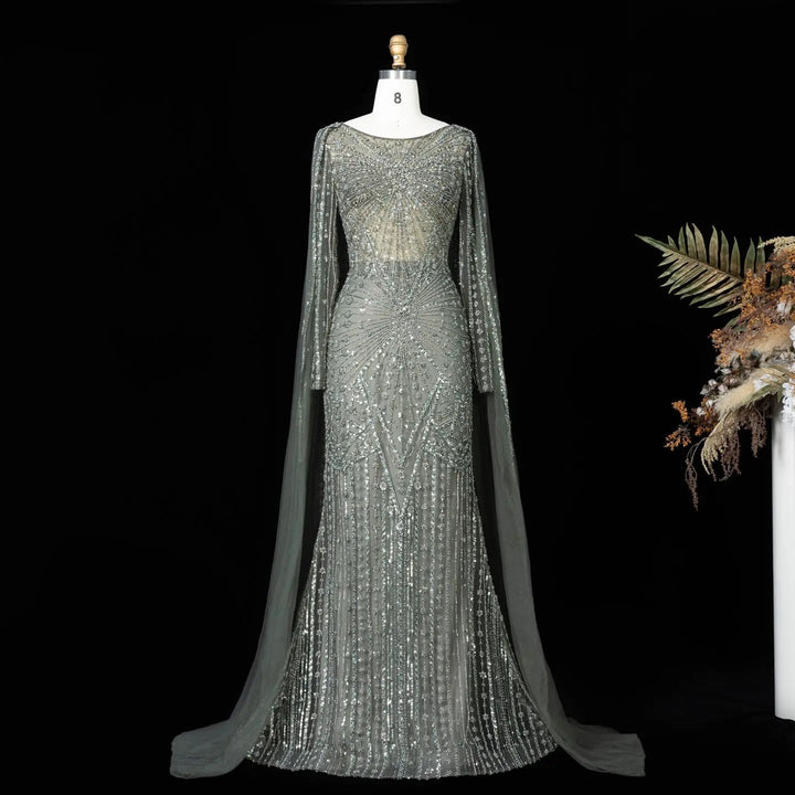Beaded Long Sleeve Cape Mermaid Prom Evening Dress SS051