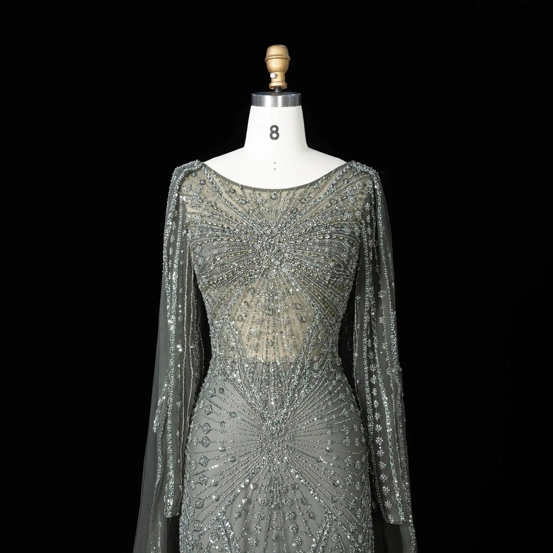 Beaded Long Sleeve Cape Mermaid Prom Evening Dress SS051