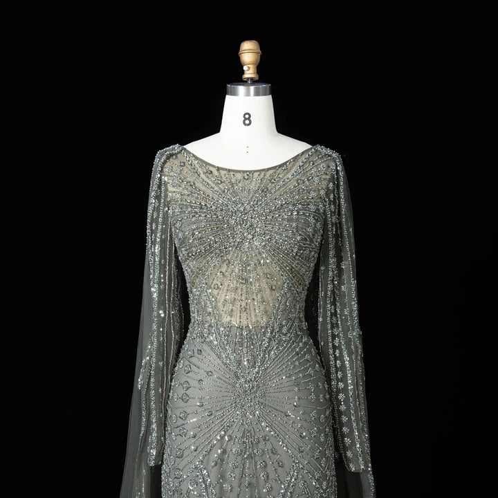 Beaded Long Sleeve Cape Mermaid Prom Evening Dress SS051