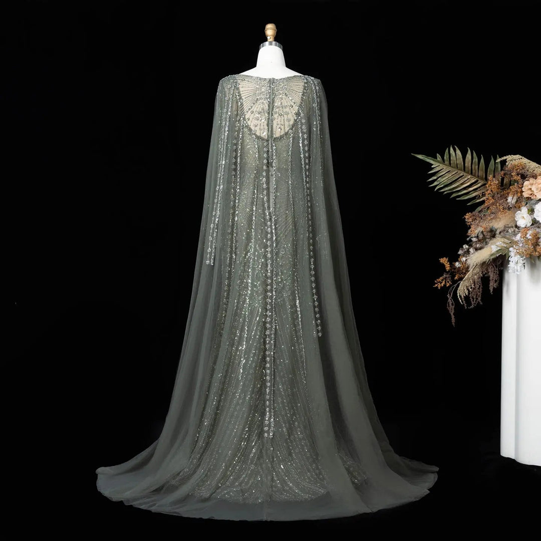 Beaded Long Sleeve Cape Mermaid Prom Evening Dress SS051