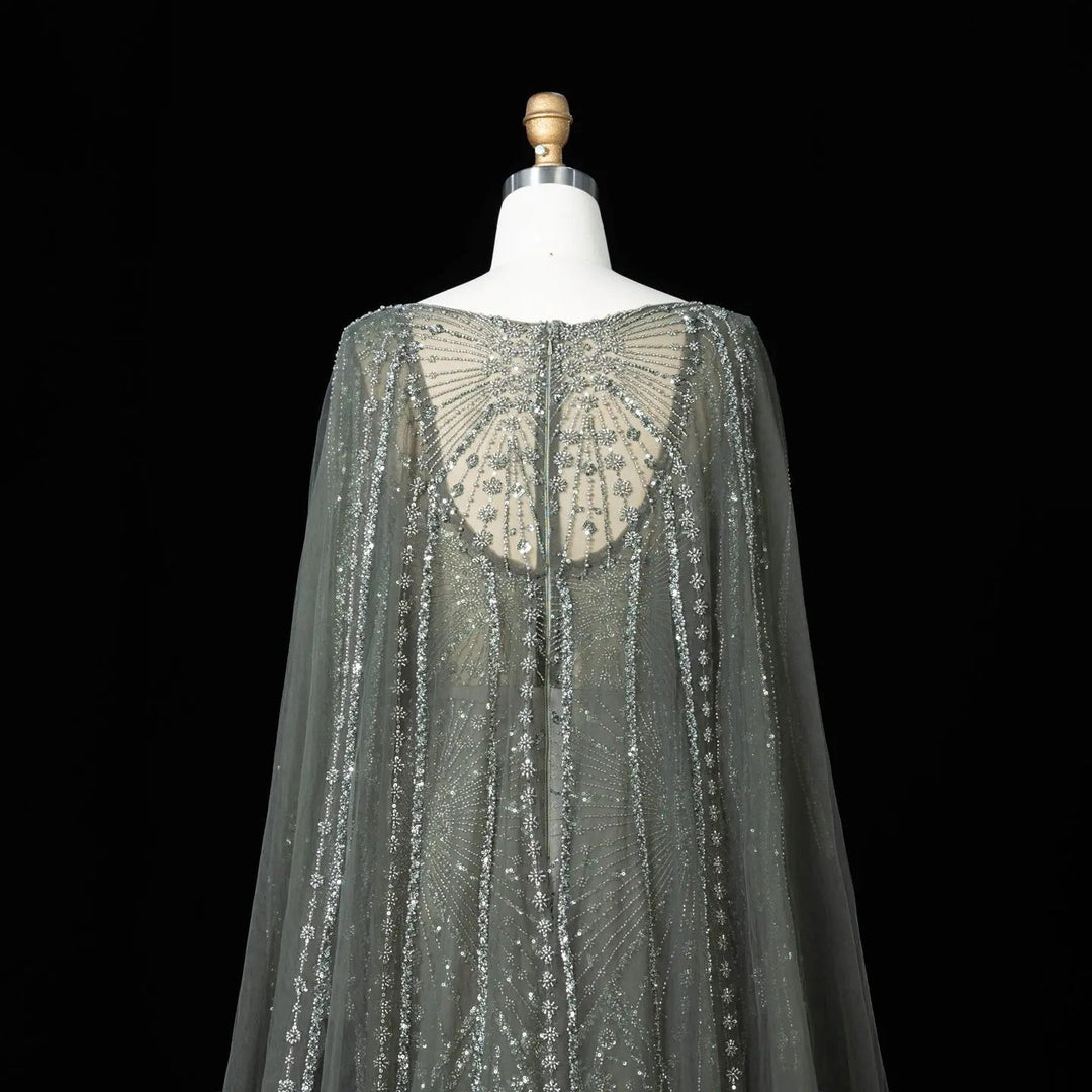 Beaded Long Sleeve Cape Mermaid Prom Evening Dress SS051