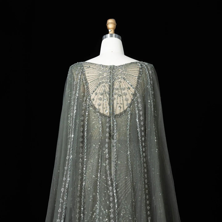 Beaded Long Sleeve Cape Mermaid Prom Evening Dress SS051