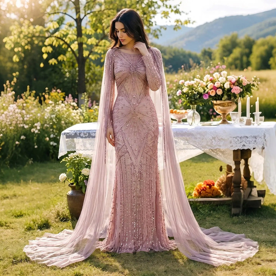 Beaded Long Sleeve Cape Mermaid Prom Evening Dress SS051