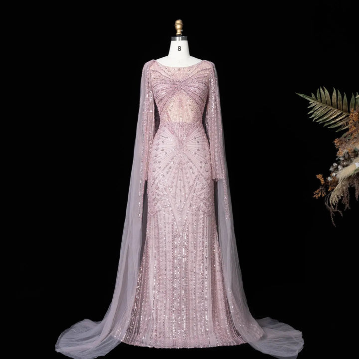 Beaded Long Sleeve Cape Mermaid Prom Evening Dress SS051