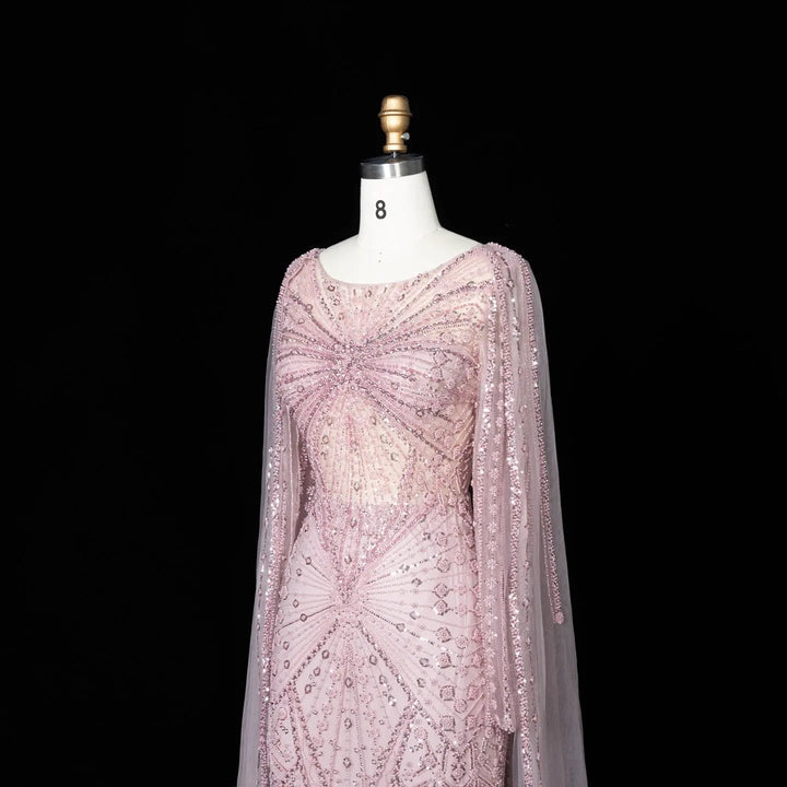 Beaded Long Sleeve Cape Mermaid Prom Evening Dress SS051