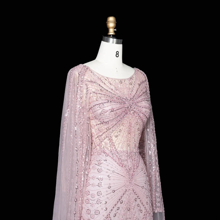Beaded Long Sleeve Cape Mermaid Prom Evening Dress SS051